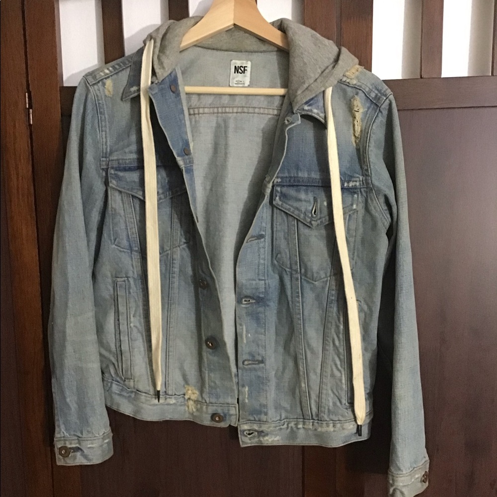 NSF Light Blue Denim Jean Jacket with Gray Hoodie